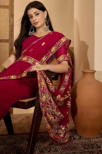 Wine red georgette embroidered saree with floral border elegant festive wear designer saree