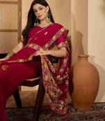 Wine red georgette embroidered saree with floral border elegant festive wear designer saree