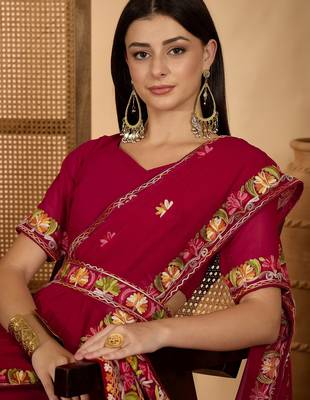 Wine red georgette embroidered saree with floral border elegant festive wear designer saree 5