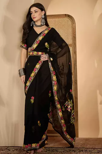 Black georgette embroidered saree with belt kashmiri thread work festive wear designer saree