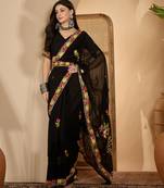 Black georgette embroidered saree with belt kashmiri thread work festive wear designer saree