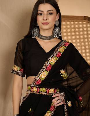 Black georgette embroidered saree with belt kashmiri thread work festive wear designer saree 5