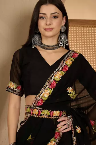 Black georgette embroidered saree with belt kashmiri thread work festive wear designer saree