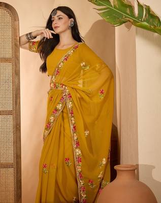 Mustard yellow georgette embroidered saree with belt kashmiri thread work festive wear saree 1