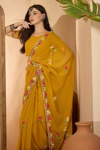 Mustard yellow georgette embroidered saree with belt kashmiri thread work festive wear saree