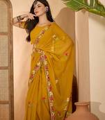 Mustard yellow georgette embroidered saree with belt kashmiri thread work festive wear saree