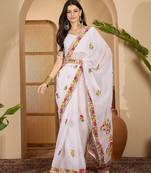 White georgette embroidered saree with belt kashmiri thread work designer festive wear saree