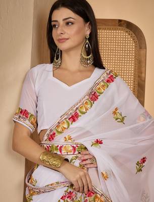 White georgette embroidered saree with belt kashmiri thread work designer festive wear saree 5