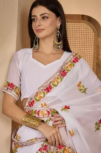 White georgette embroidered saree with belt kashmiri thread work designer festive wear saree