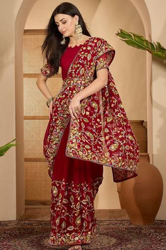 Maroon georgette embroidered saree with belt heavy kashmiri thread work festive wear saree