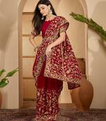 Maroon georgette embroidered saree with belt heavy kashmiri thread work festive wear saree