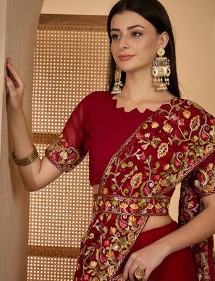 Maroon georgette embroidered saree with belt heavy kashmiri thread work festive wear saree 5