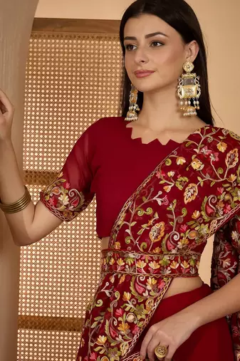 Maroon georgette embroidered saree with belt heavy kashmiri thread work festive wear saree