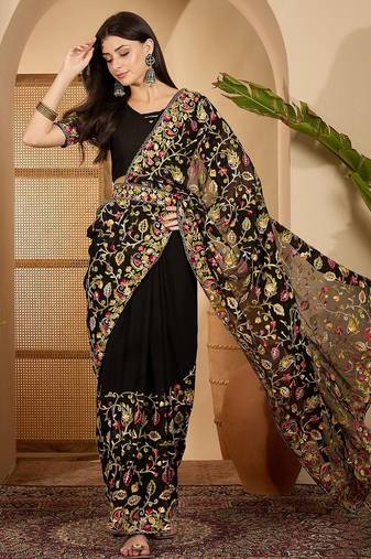Black georgette heavy embroidered saree with belt kashmiri thread work festive designer saree