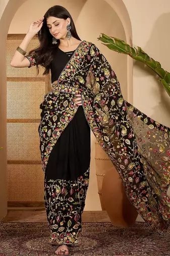Black georgette heavy embroidered saree with belt kashmiri thread work festive designer saree