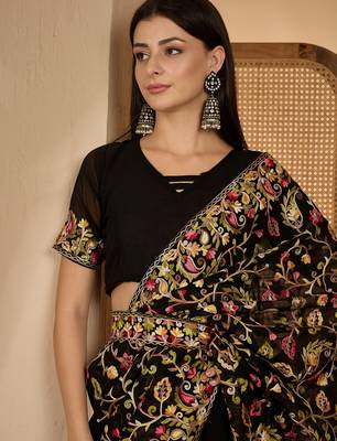 Black georgette heavy embroidered saree with belt kashmiri thread work festive designer saree 5