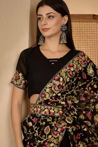 Black georgette heavy embroidered saree with belt kashmiri thread work festive designer saree