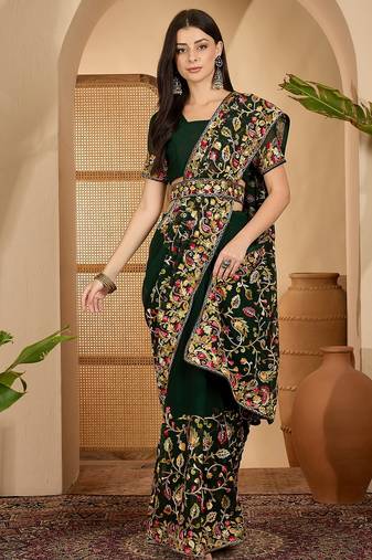 Dark green georgette embroidered saree with belt heavy kashmiri thread work festive saree