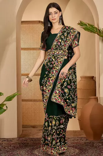 Dark green georgette embroidered saree with belt heavy kashmiri thread work festive saree