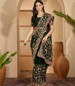 Dark green georgette embroidered saree with belt heavy kashmiri thread work festive saree