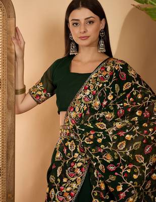Dark green georgette embroidered saree with belt heavy kashmiri thread work festive saree 5