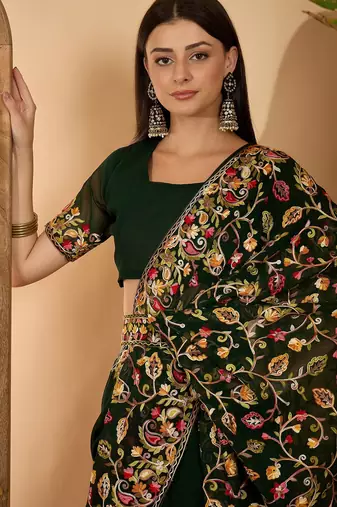 Dark green georgette embroidered saree with belt heavy kashmiri thread work festive saree