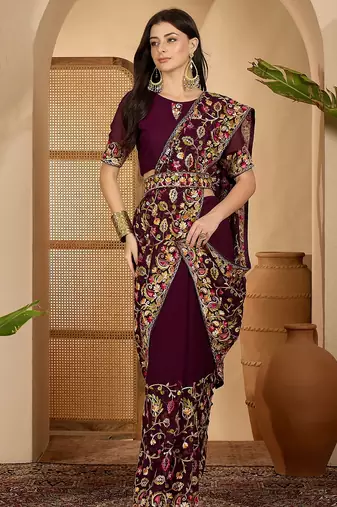 Wine purple georgette embroidered saree with belt heavy kashmiri thread work designer saree