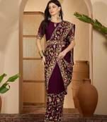Wine purple georgette embroidered saree with belt heavy kashmiri thread work designer saree