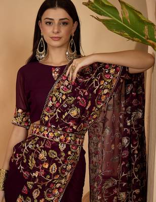 Wine purple georgette embroidered saree with belt heavy kashmiri thread work designer saree 5
