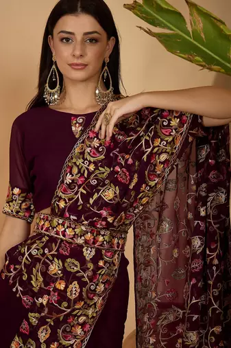Wine purple georgette embroidered saree with belt heavy kashmiri thread work designer saree