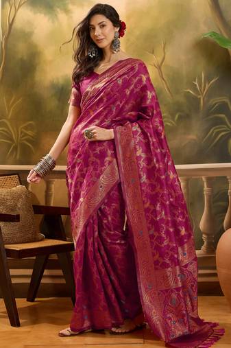 royal magenta banarasi jacquard saree with zari weaving, mina & lace work