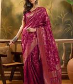 royal magenta banarasi jacquard saree with zari weaving, mina & lace work
