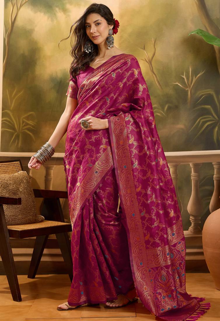 royal magenta banarasi jacquard saree with zari weaving, mina & lace work