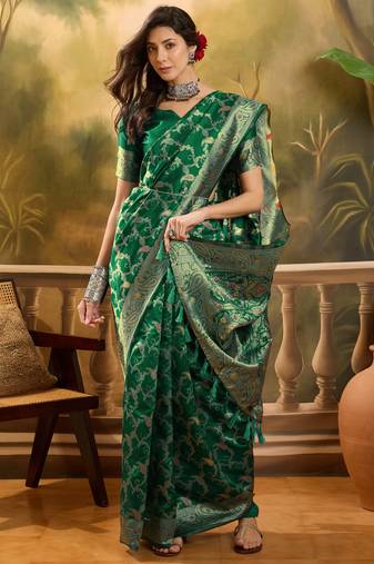 graceful green banarasi jacquard saree with zari weaving, mina & lace work