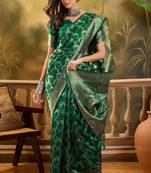 graceful green banarasi jacquard saree with zari weaving, mina & lace work