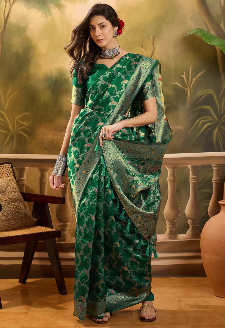 graceful green banarasi jacquard saree with zari weaving, mina & lace work