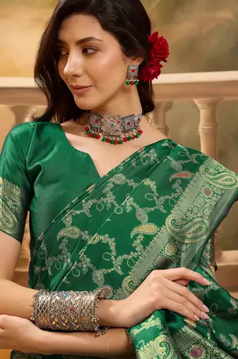graceful green banarasi jacquard saree with zari weaving, mina & lace work