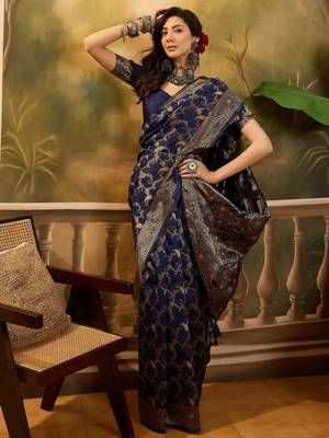 elegant navy blue banarasi jacquard saree with zari weaving, mina & lace work 1