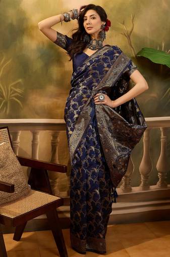 elegant navy blue banarasi jacquard saree with zari weaving, mina & lace work