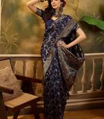 elegant navy blue banarasi jacquard saree with zari weaving, mina & lace work