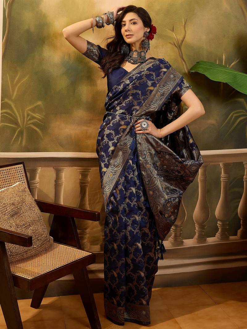 elegant navy blue banarasi jacquard saree with zari weaving, mina & lace work