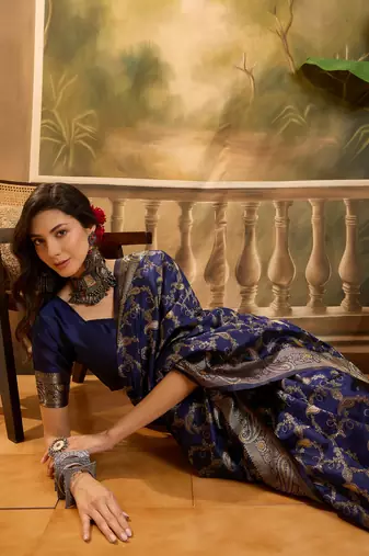 elegant navy blue banarasi jacquard saree with zari weaving, mina & lace work
