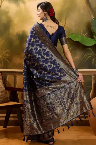 elegant navy blue banarasi jacquard saree with zari weaving, mina & lace work