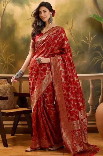 red banarasi jacquard saree with intricate zari weaving, mina & lace work on pallu