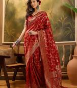 red banarasi jacquard saree with intricate zari weaving, mina & lace work on pallu