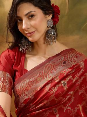 red banarasi jacquard saree with intricate zari weaving, mina & lace work on pallu 5