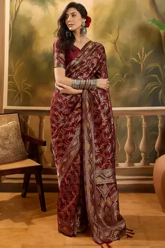maroon banarasi jacquard saree with rich zari weaving, mina & lace work on pallu