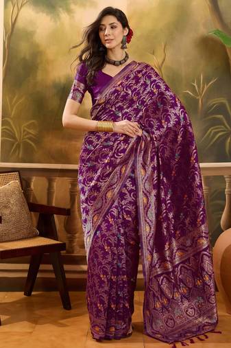 purple banarasi jacquard saree with rich zari weaving & tassel pallu     unstitched blouse included