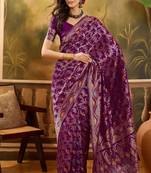 purple banarasi jacquard saree with rich zari weaving & tassel pallu     unstitched blouse included