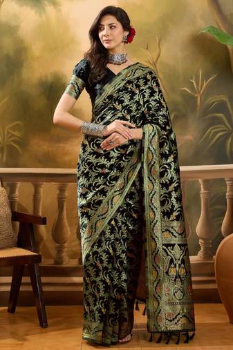 black banarasi jacquard saree with rich zari weaving & tassel pallu     includes unstitched blouse